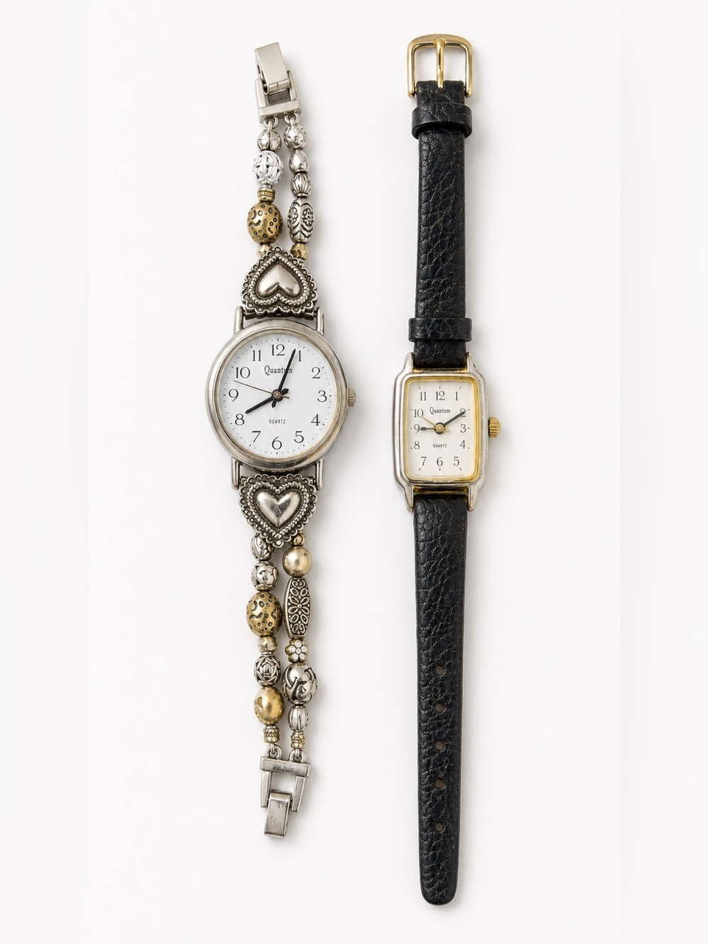 2pc Quantum Women’s Quartz Watch Bundle Heart Beaded + Tank Black Strap